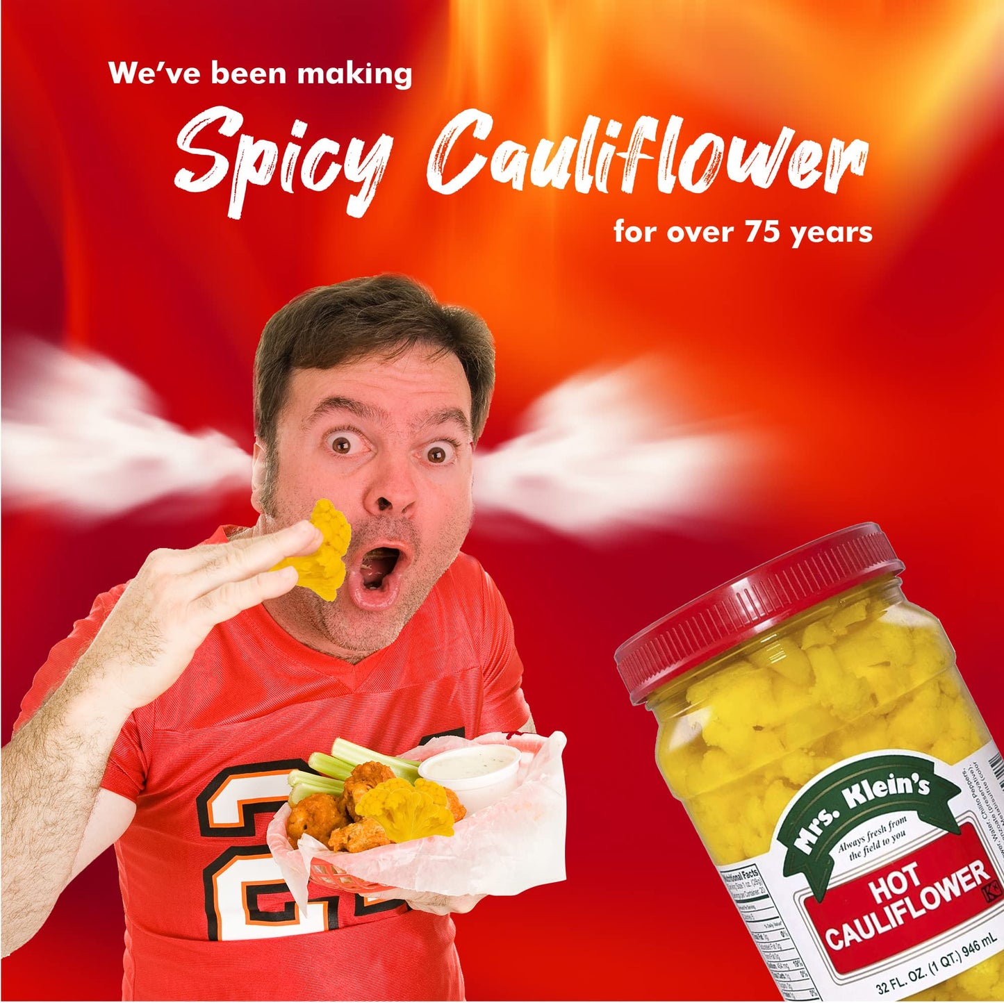 Mrs Kleins Cauliflower Bites | Hot & Spicy cauliflower florets | Unique salad toppings | Low Carb Snack | Vegan snack | Kosher, Keto Friendly & Gluten Free | Spicy Pickled Vegetables Made with Natural Ingredients | Made in the USA
