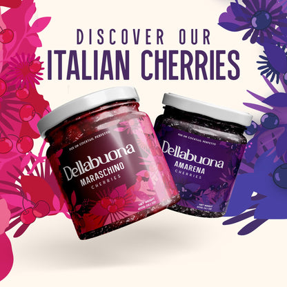 DELLABOUNA Amarena Cherries Jar Stems - Gourmet Italian Wild Cherry for Premium Cocktails Manhattans, Old Fashioned and Desserts. Rich Syrup. 400g Glass Jar (Pack of 1)