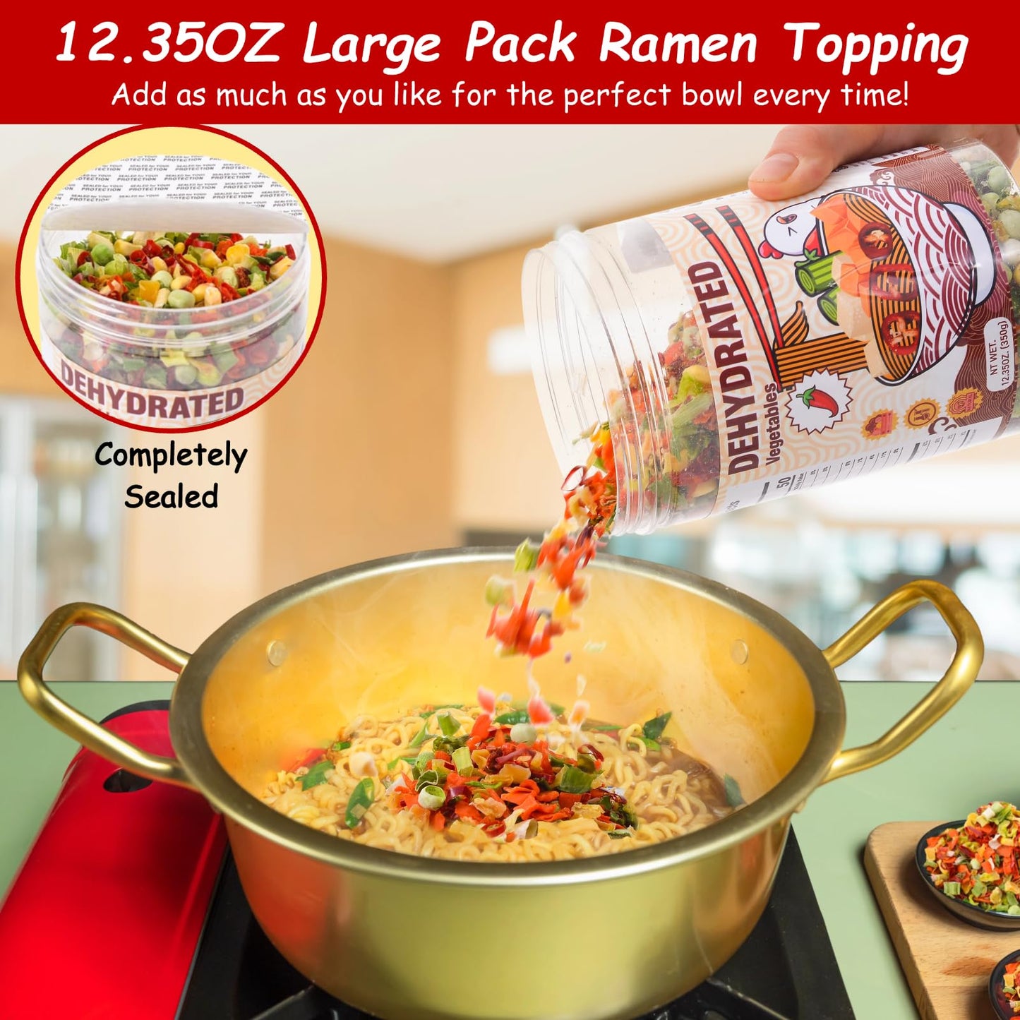 Dried Ramen Toppings Dehydrated Vegetables – 9 Mixed Vegetable Green & Red Bell Peppers, 12.35oz Natural Dried Veggie Flakes for Ramen Noodles, Camping Food Emergency Supply, Soups, Vegan