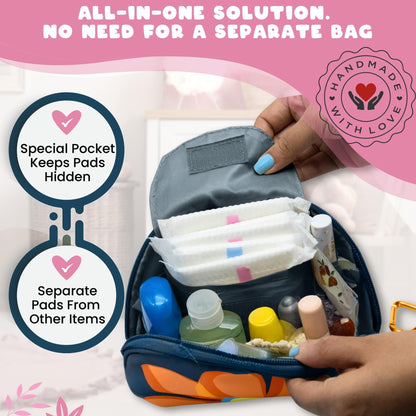 The Bloom First Period Kit for Girls 9-12 – 32 PC Tween Starter Kit with Cute Sanitary Napkin Storage Bag – Portable Waterproof Emergency Pad Pouch (Pink & Blue)