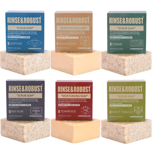 Rinse & Robust Mens Soap Bar Set 6Pcs Natural Handmade Cleansing Bar Soap Set Moisturizing&Exfoliating Scrub Soap Gift for Men All Skin Type| 6 Different Scents |3.5 oz of 6 Bars