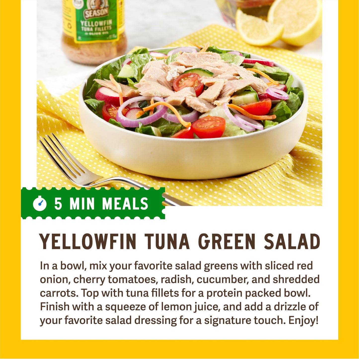Season Yellowfin Tuna Fillets in Olive Oil - Wild Caught, Hand-Packed in Glass Jars, 16g of Protein per Serving, Premium Quality - 6.7 Oz (Pack of 6)