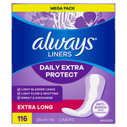 Always Panty Liners for Women Anti-Bunch Xtra Protection Daily Liners, Extra Long, Unscented, 116 Count