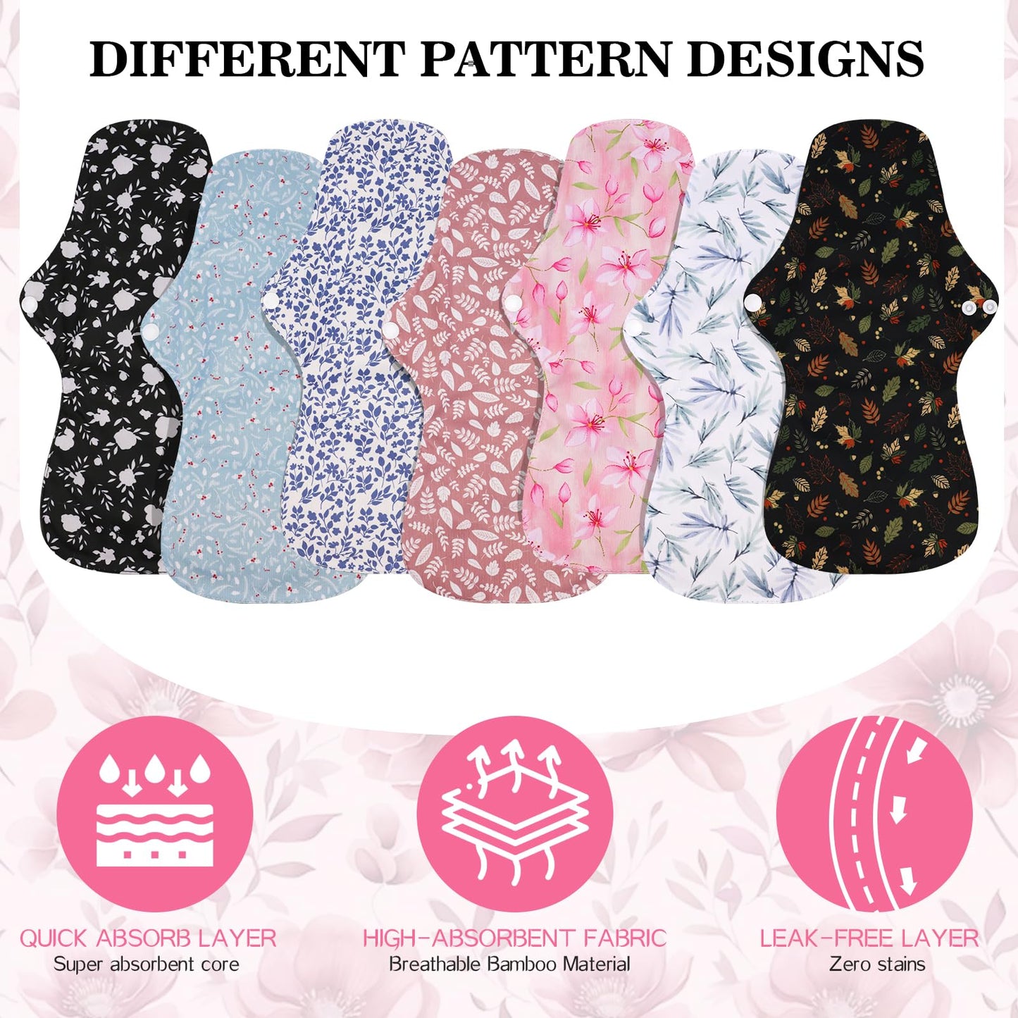 PHOGARY 7 Pack Reusable Menstrual Pads Large Sanitary Pads Set for Heavy Flow with 1 Wet Bag, Washable Overnight Cloth Panty Liners with Wings for Women, 33cm
