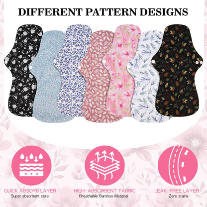 PHOGARY 7 Pack Reusable Menstrual Pads Large Sanitary Pads Set for Heavy Flow with 1 Wet Bag, Washable Overnight Cloth Panty Liners with Wings for Women, 33cm