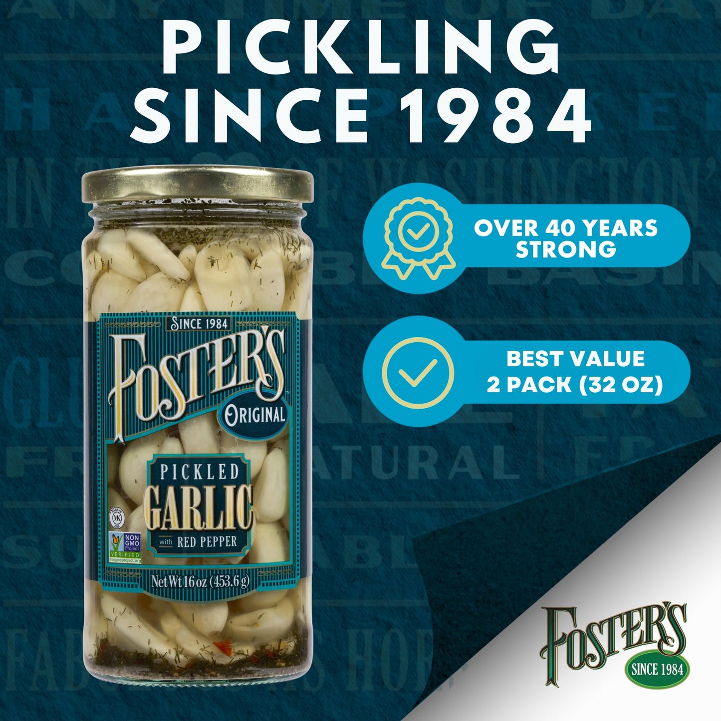 Foster's Pickled Garlic Cloves in a Jar, Original, 16oz, 2 Pack, Traditional Pickled Vegetables Recipe for over 40 years, Low Calorie Snack, Gluten Free, Fat and Preservative Free Pickles