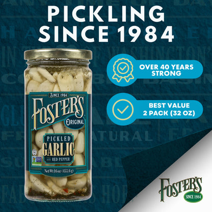 Foster's Pickled Garlic Cloves in a Jar, Original, 16oz, 2 Pack, Traditional Pickled Vegetables Recipe for over 40 years, Low Calorie Snack, Gluten Free, Fat and Preservative Free Pickles