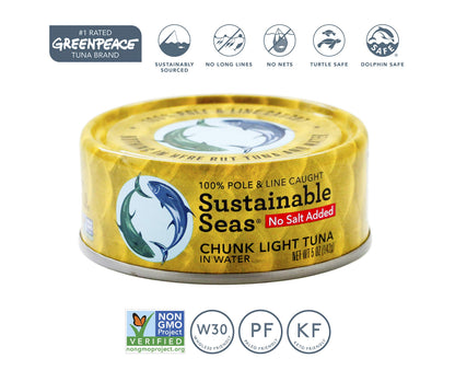 Sustainable Seas, Chunk Light Tuna in Water, No Salt Added, 3rd party mercury tested, 100% sustainably caught, 5 Ounce (Pack of 12)
