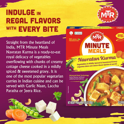 MTR - Minute Meals: Navratan Kurma - Vegetables in Mildly Spiced & Sweetened Gravy - Tasty Indian Meal with No Added Preservatives - Suitable for Vegetarians, Ready in Minutes! (Pack of 6)