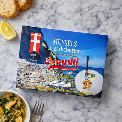 Sanniti Mussels in Garlic Butter, 3.9 oz | Scandinavian-Style Seafood | Heat & Serve | Product of Denmark | Natural Source of Omega-3
