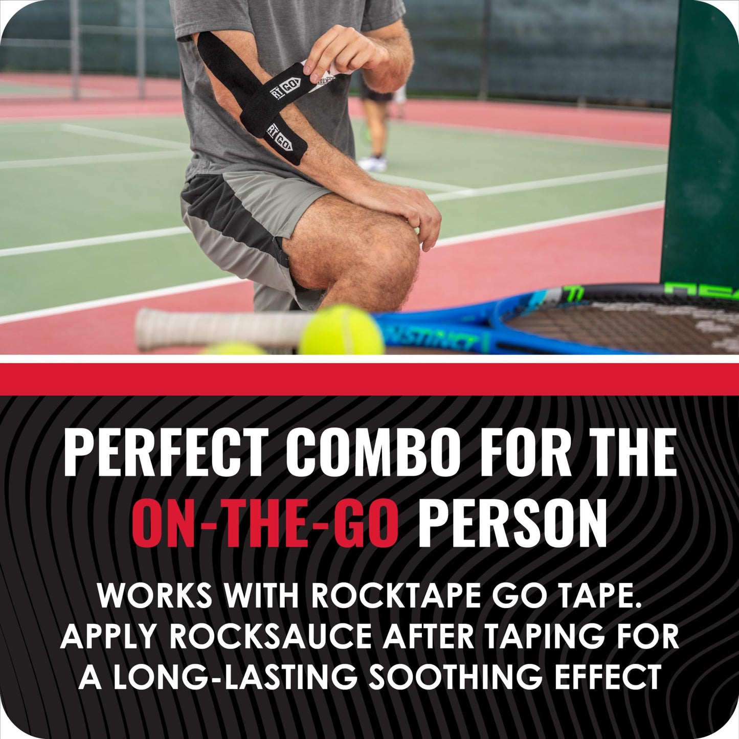 RockTape GO Muscle & Joint Relief Kit - Pre-Cut Kinesiology Tape & RockSauce Fire Roll-On - Quick Application, Durable, Water-Resistant, Recovery for Athletes
