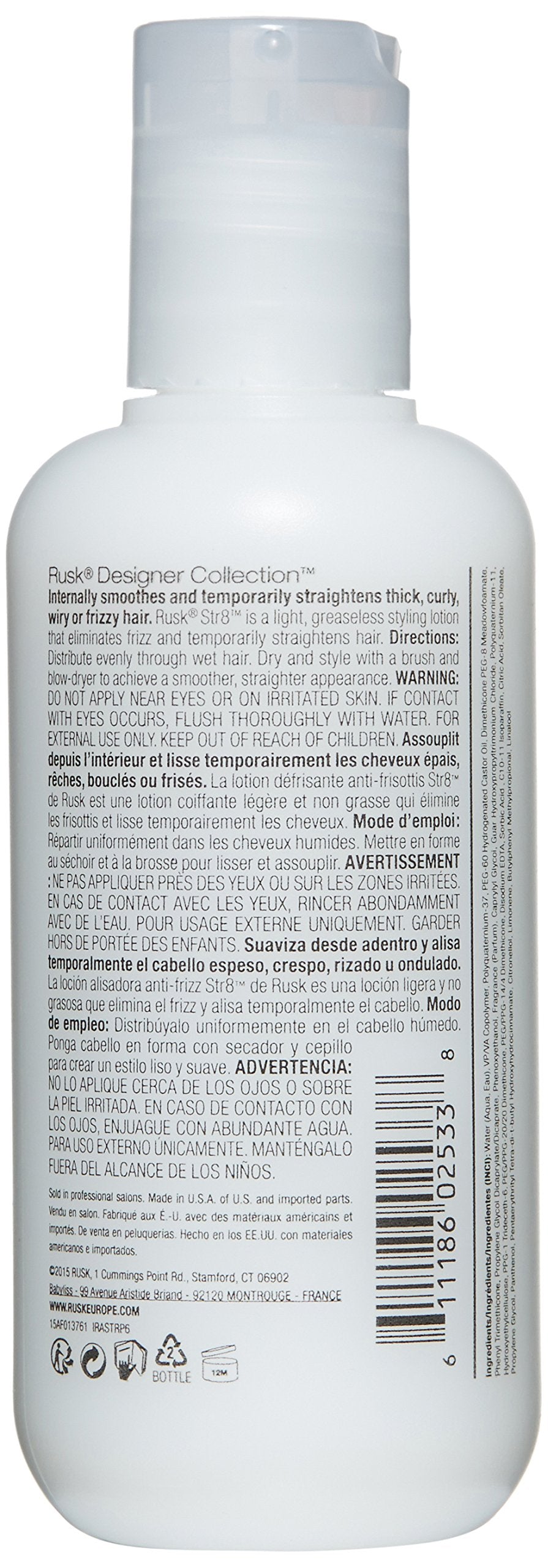 RUSK Designer Collection Str8 Anti-Frizz and Anti-Curl Lotion, Light, Greaseless, Temporarily Removes Curl and Eliminates Frizz, White 6 oz