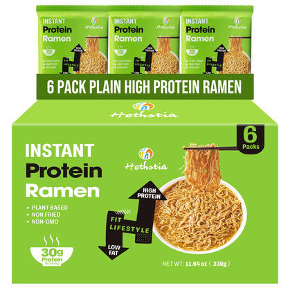 Hethstia High Protein Ramen Plain, 6 Pack Instant Ramen Noodles – 30g Plant Protein, Vegan, Non-Fried, Non-GMO, Sugar-Free, Low Fat, Healthy Quick Meal Base for Lunch, Dinner or Post-Workout