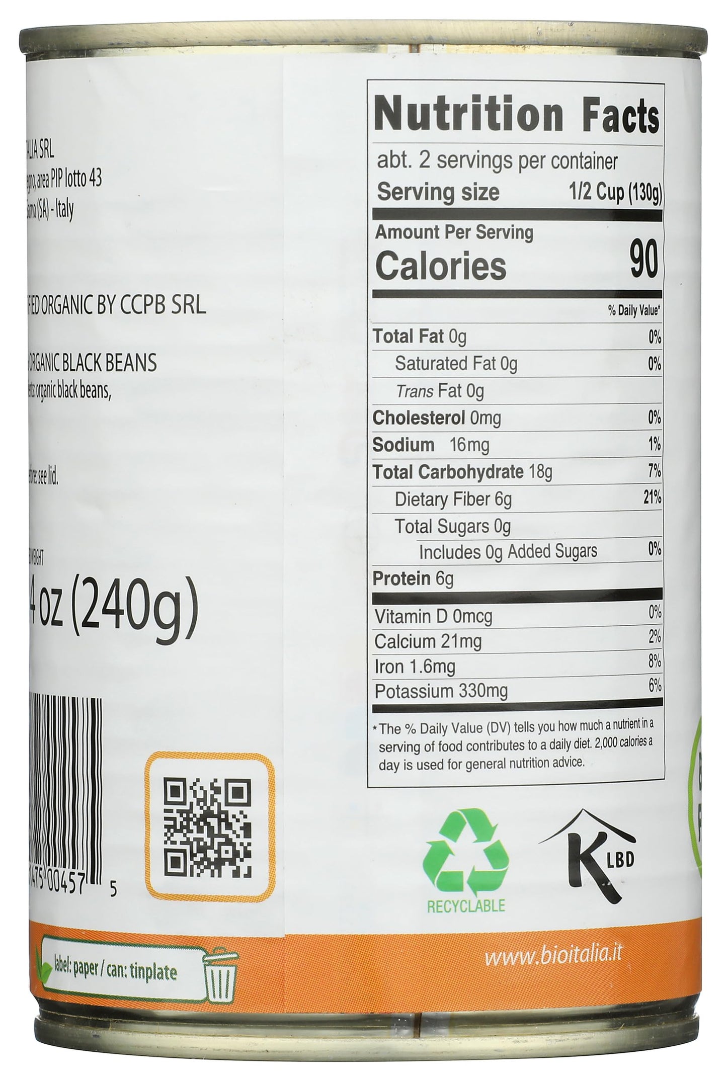 Bioitalia Organic Black Beans, 14 oz