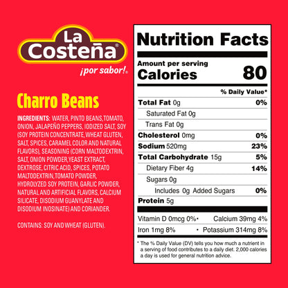 La Costeña Charro Beans - Ready-to-Eat Canned Pinto Beans with Chorizo, Bacon & Chicharrones - Mexican Food, Tex Mex, Chili Ingredients, Bean Dip, Bean Burger & Burrito - 19.75oz, 12 Pack Canned Food