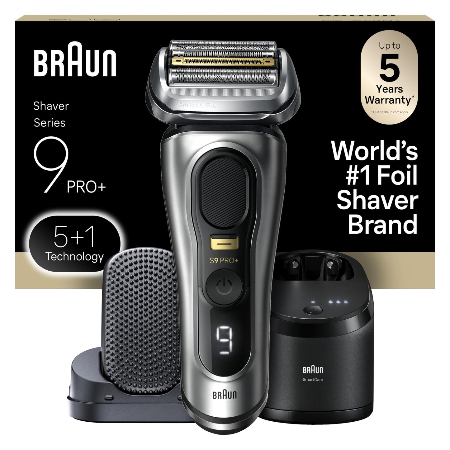 Braun Series 9 PRO+ Electric Razor for Men, 5 Pro Shaving Elements and Shave-Preparing ProComfort Head for Closeness & Skin Comfort, 6in1 SmartCare Center, Wet or Dry Shaver, Charging Stand, 9597cc