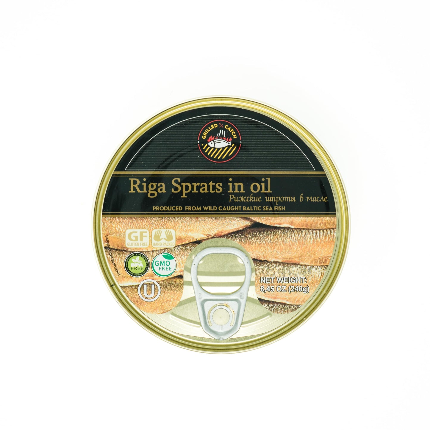 Grilled Catch Smoked Brisling Sardines in Oil - Riga Sprats, Large 8.45 oz Tin, Gourmet Sprotten, Wild-Caught, BPA-Free Tinned Fish, Rich in Omega-3, Vitamin D & A, Keto Friendly, No Preservatives