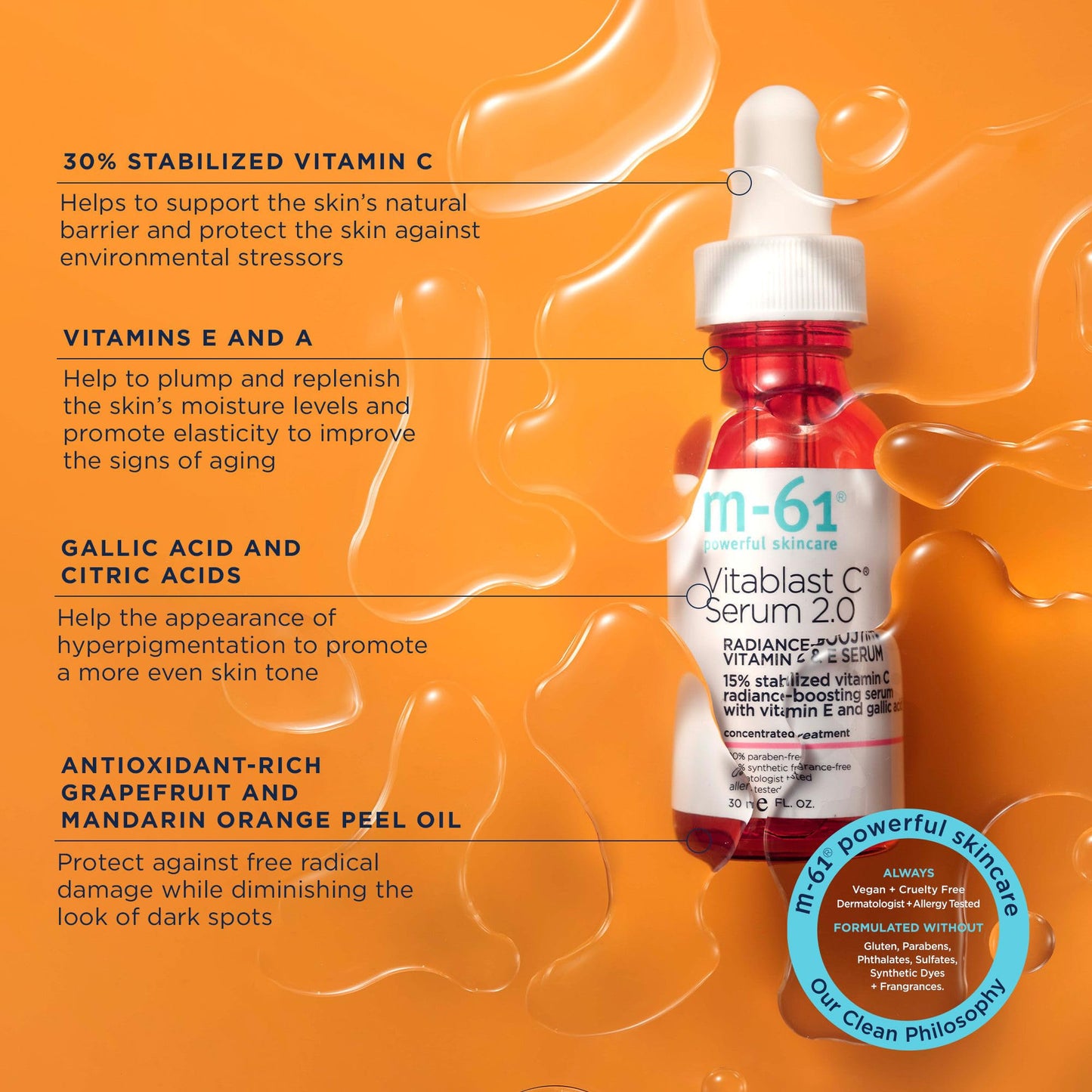 m-61 Vitablast C Serum 2.0 | Lightweight 15% Vitamin C Serum Plus Vitamin E and Gallic Acid. Oil-Free, Lightweight, Dermatologist & Allergy Tested. For All Skin Types - 1 Fl Oz