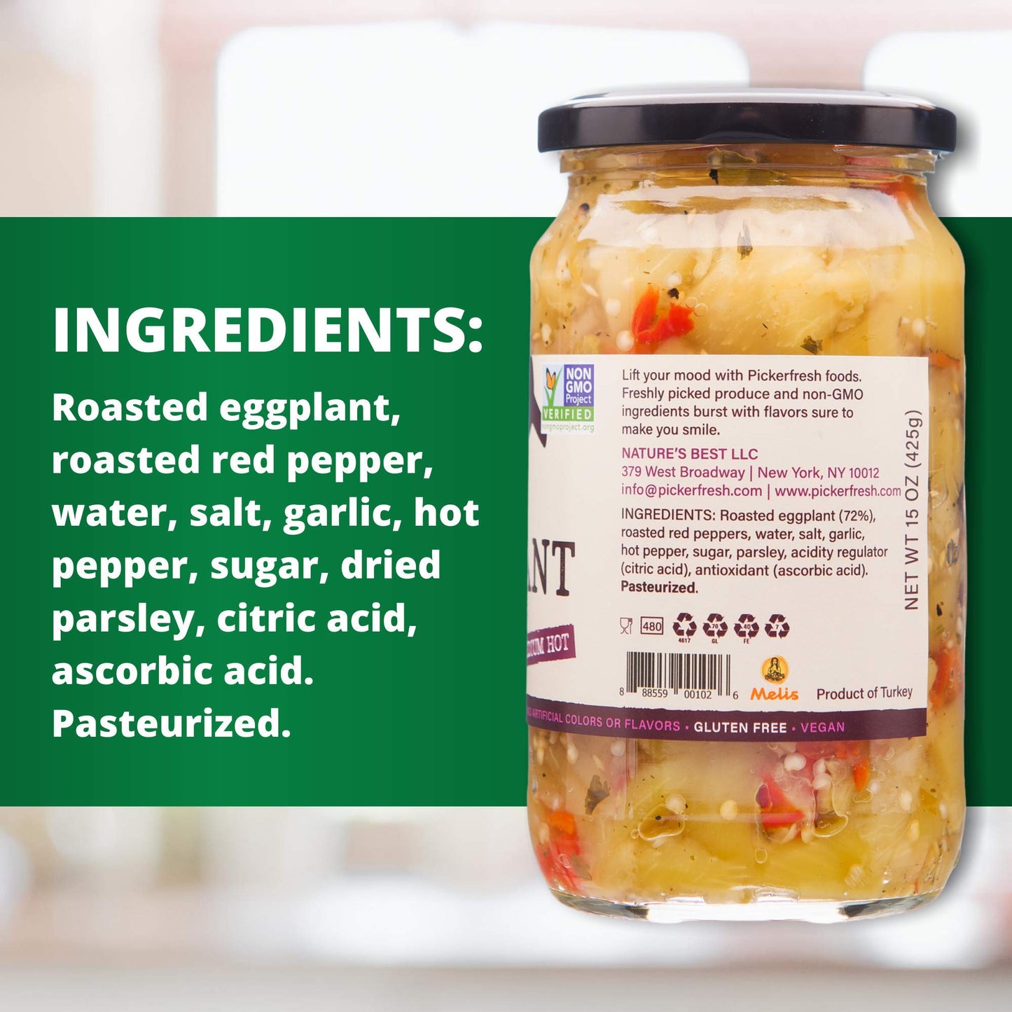 Pickerfresh Fire Roasted Eggplant with Red Peppers - Medium Hot Spread for Sandwiches, Hamburgers & Crackers - Simple Ingredients - Non-GMO, No Artificial Color & Preservatives - 16 oz (3 Pack)