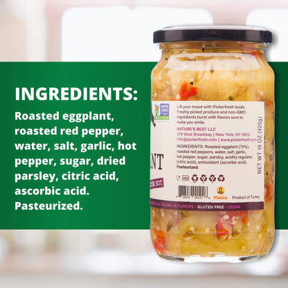 Pickerfresh Fire Roasted Eggplant with Red Peppers - Medium Hot Spread for Sandwiches, Hamburgers & Crackers - Simple Ingredients - Non-GMO, No Artificial Color & Preservatives - 16 oz (3 Pack)