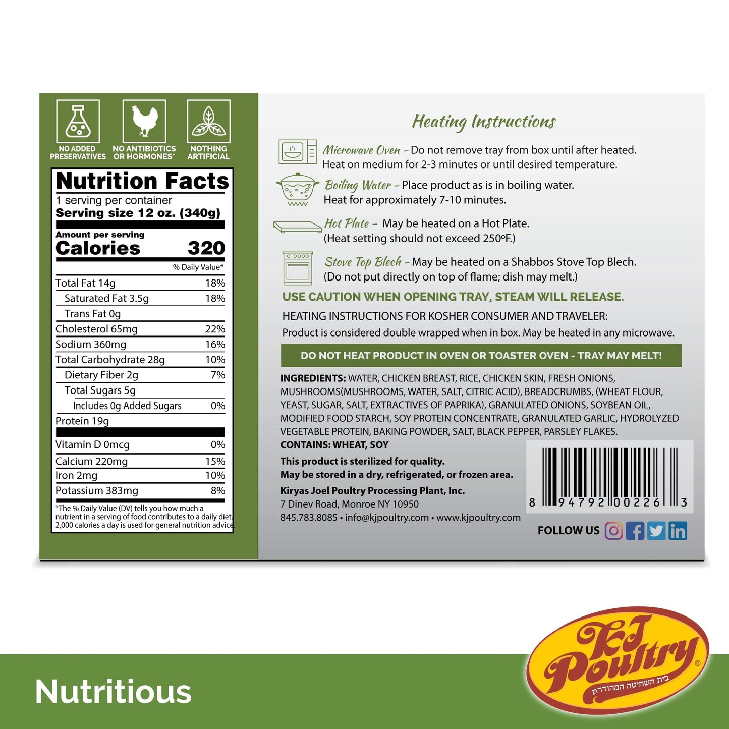 KJ Poultry Kosher Ready Meals - Chicken Meat Balls & Mushrooms, MRE Meat Meals Ready to Eat, Halal, (1 Pack) Prepared Entree Fully Cooked, Shelf Stable Microwave Dinner, Travel, Military, Camping