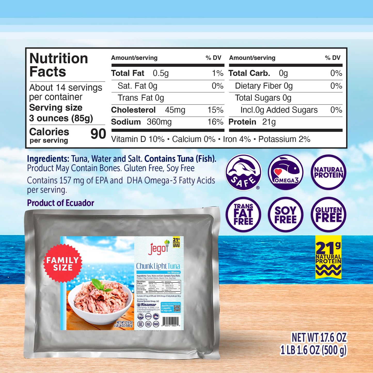 Jego Chunk Light Tuna in Water | Wild Natural Catch Tuna | Keto | Low Carb | Gluten Free | Soy Free | Ready to eat | 17.6 oz Pouch