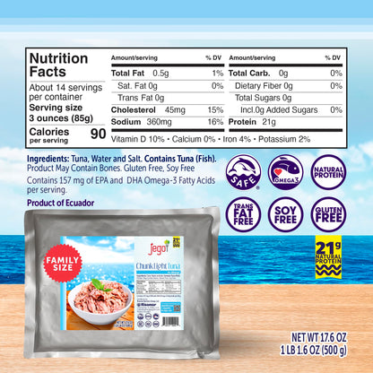 Jego Chunk Light Tuna in Water | Wild Natural Catch Tuna | Keto | Low Carb | Gluten Free | Soy Free | Ready to eat | 17.6 oz Pouch