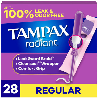 Tampax Radiant Tampons for Women, with LeakGuard Braid, Regular Absorbency, Unscented, 84 Count (3 Packs of 28)