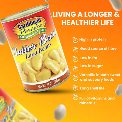 Caribbean Paradise Butter Beans, Canned Lima Beans 14 Oz (Pack of 4)