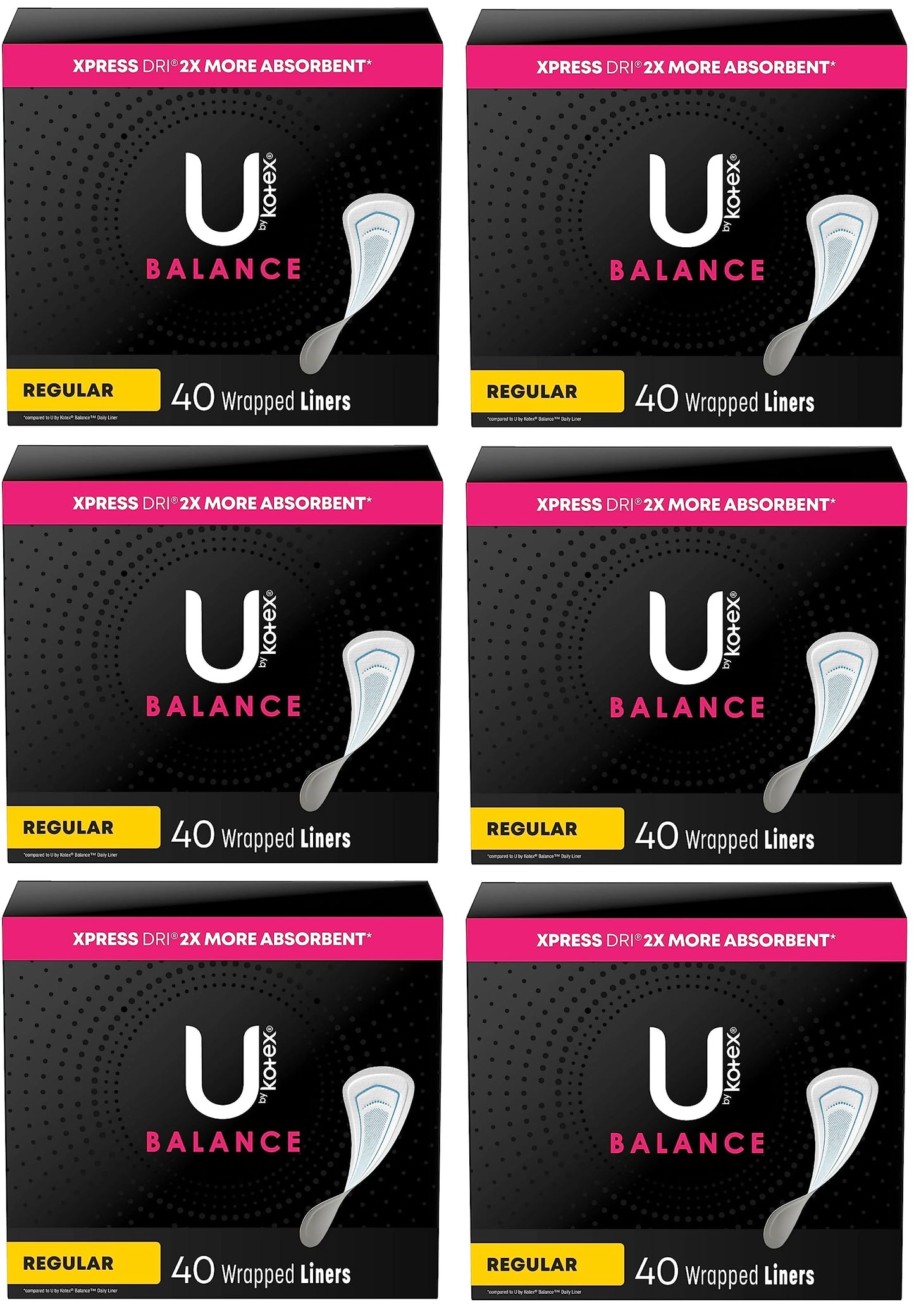 U by Kotex Balance (Previously Lightdays Plus) Wrapped Panty Liners, Regular Length, Unscented, 40 Count - 6 Pack (Includes 240 Liners Total)