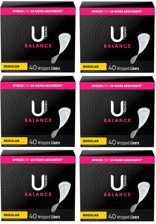 U by Kotex Balance (Previously Lightdays Plus) Wrapped Panty Liners, Regular Length, Unscented, 40 Count - 6 Pack (Includes 240 Liners Total)