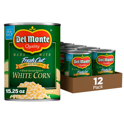 DEL MONTE FRESH CUT HARVEST SELECTS Sweet White Whole Kernel Corn, Canned Vegetables, 12 Pack, 15.25 oz Can