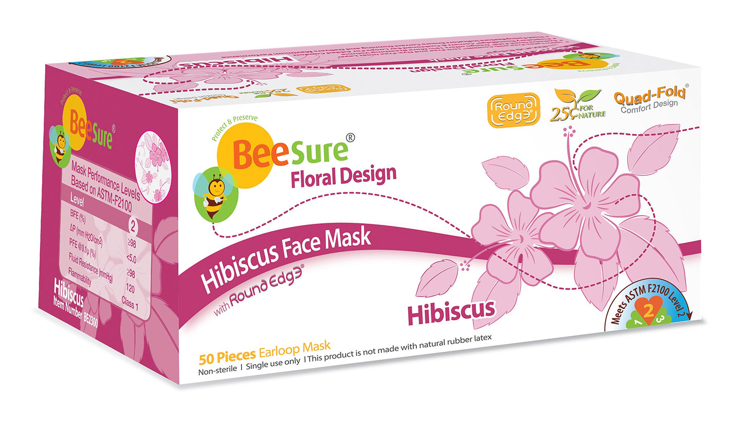 BeeSure BE2300 Floral Face Masks, Hibiscus Pink (Pack of 50)