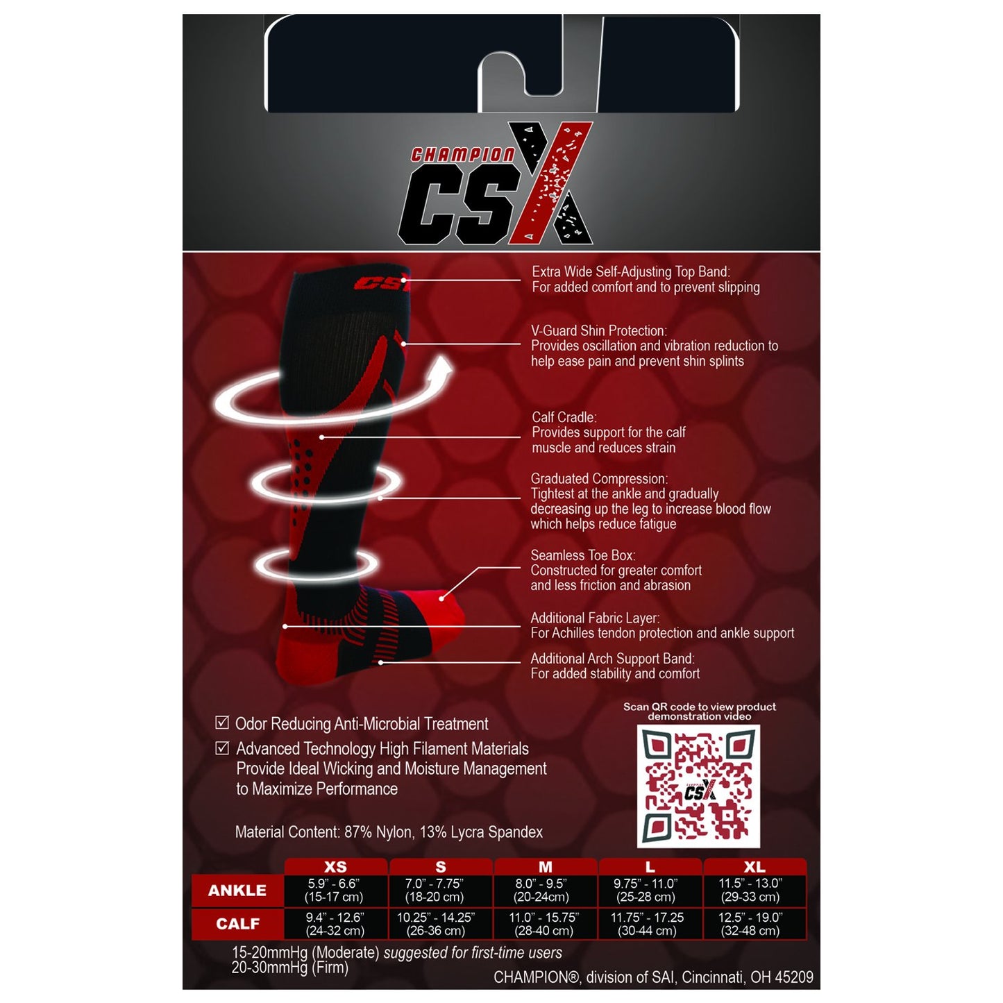 CSX 20-30 mmHg Compression Socks for Men and Women, Knee High, Recovery Support, Athletic Sport Fit, Red on Black, Medium