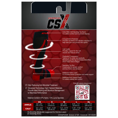 CSX 20-30 mmHg Compression Socks for Men and Women, Knee High, Recovery Support, Athletic Sport Fit, Red on Black, Medium