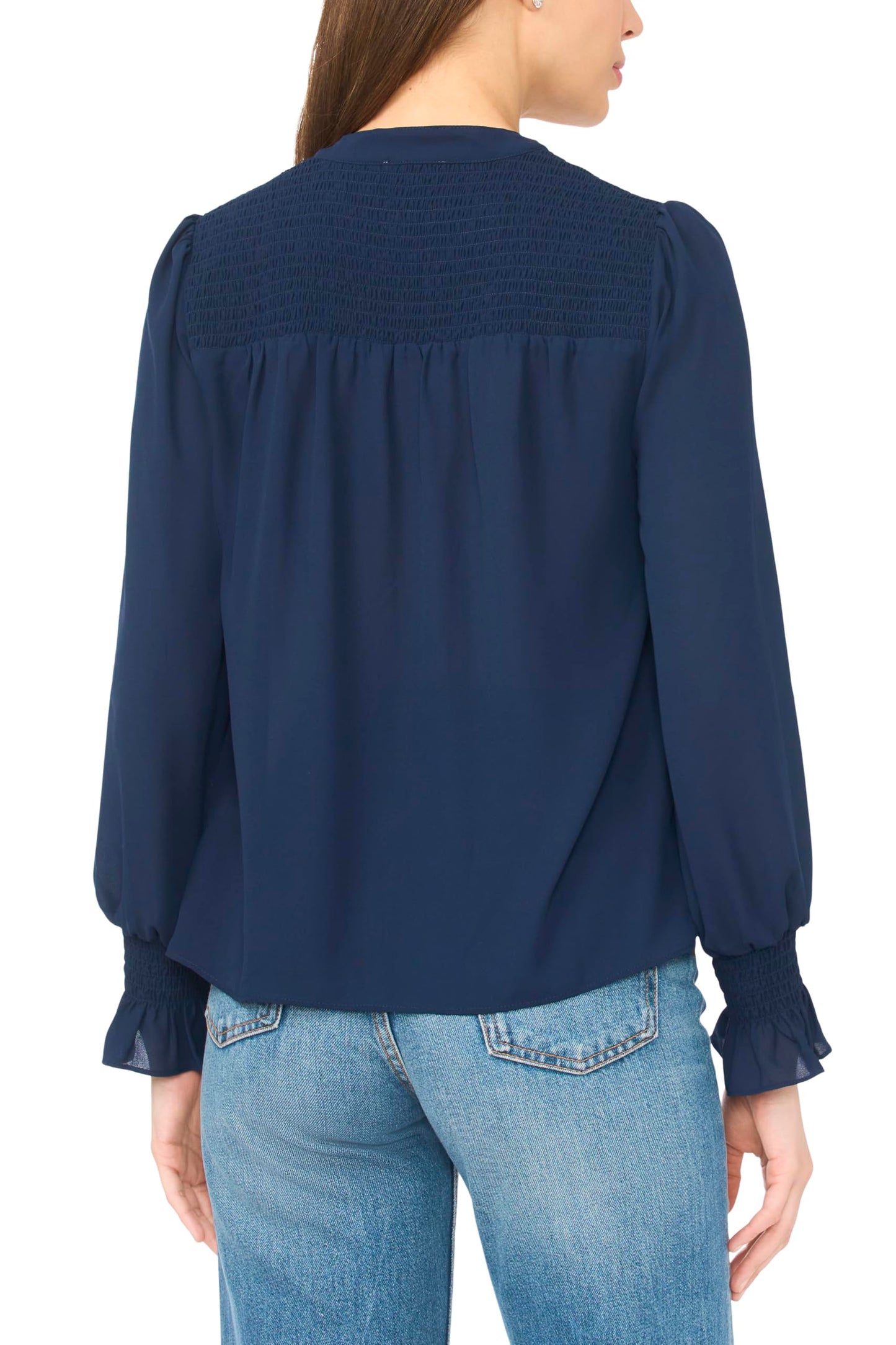 CeCe Women's Long Sleeve Half Placket Smocked Top