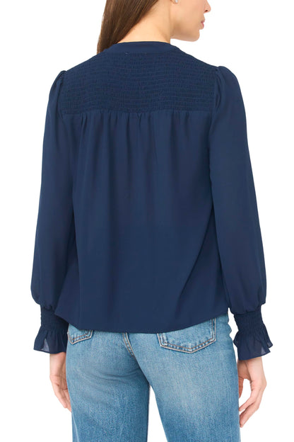CeCe Women's Long Sleeve Half Placket Smocked Top