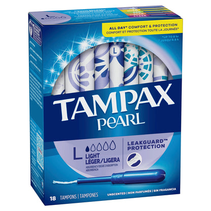 Tampax Pearl Tampons, Light Absorbency With Leakguard Braid, Unscented, 18Count