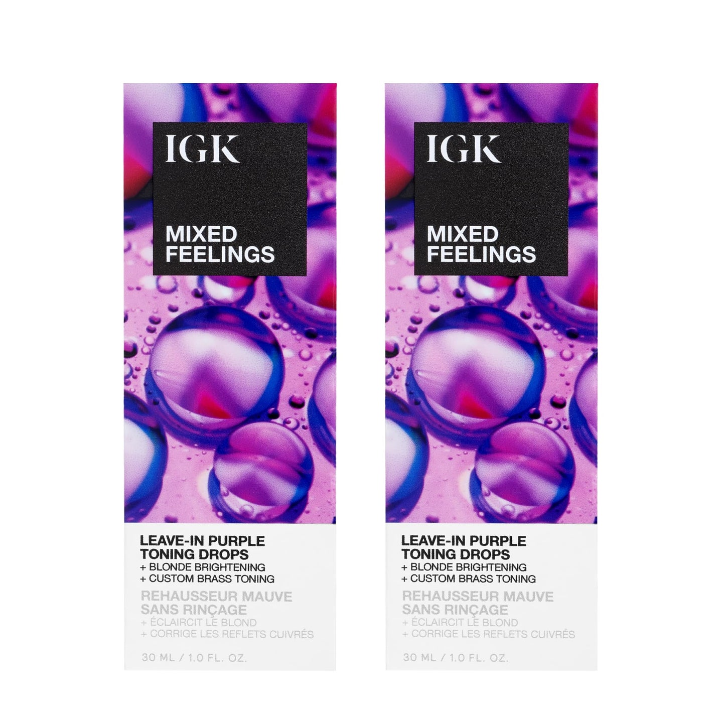 IGK Mixed Feelings Leave-In Blonde Toning Drops 2 pack – Customizable Purple Pigment for Neutralizing Brassiness in Blonde, Silver, and Violet Hair – Sulfate-Free, Paraben-Free