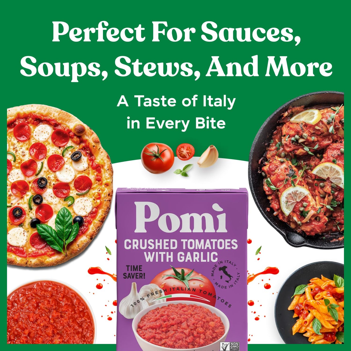 Pomì Crushed Tomatoes with Garlic 13.8oz (Pack of 12) - No Salt Added, No Additives or Preservatives, GMO-Free, Gluten-Free, Made from 100% Fresh Italian Tomatoes, BPA-Free