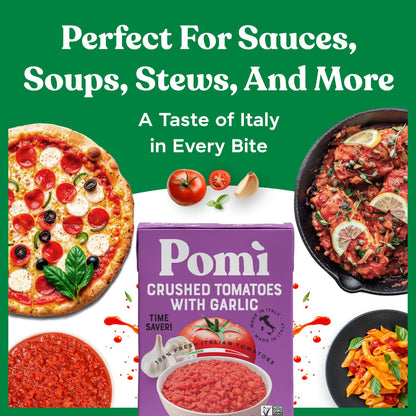 Pomì Crushed Tomatoes with Garlic 13.8oz (Pack of 12) - No Salt Added, No Additives or Preservatives, GMO-Free, Gluten-Free, Made from 100% Fresh Italian Tomatoes, BPA-Free