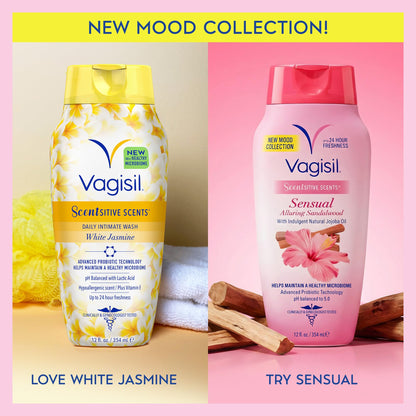 Vagisil Feminine Wash for Intimate Area Hygiene, Scentsitive Scents® Sensual Mood Alluring Sandalwood, pH Balanced and Gynecologist Tested, 12 oz (Pack of 1)