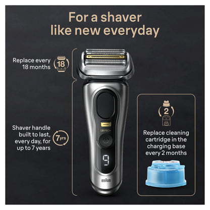 Braun Series 9 PRO+ Electric Razor for Men, 5 Pro Shaving Elements and Shave-Preparing ProComfort Head for Closeness & Skin Comfort, 6in1 SmartCare Center, Wet or Dry Shaver, Charging Stand, 9597cc