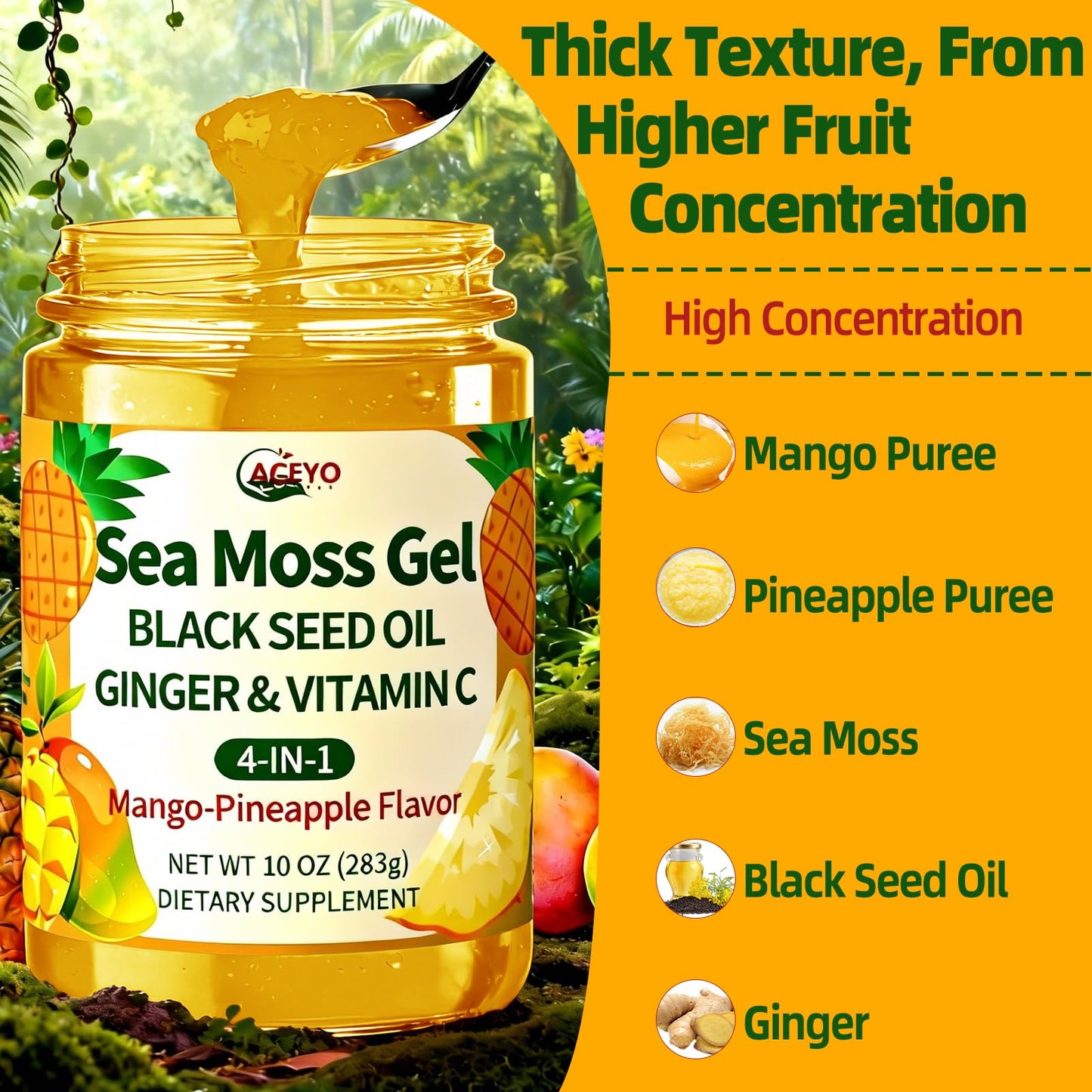 ACEYO Sea Moss Gel 4-in-1, Irish SeaMoss with Black Seed Oil & Ginger,Rich in Minerals & Vitamins,Immunity & Health Support,Superfood,Non-GMO, Vegan,Mango Pineapple Flavor,10 oz (Pack of 1)