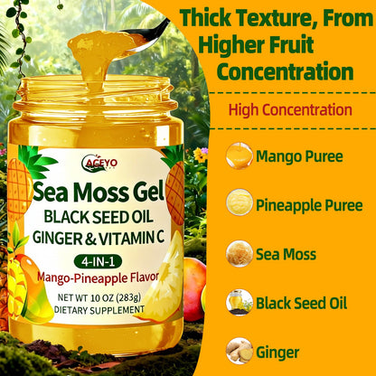 ACEYO Sea Moss Gel 4-in-1, Irish SeaMoss with Black Seed Oil & Ginger,Rich in Minerals & Vitamins,Immunity & Health Support,Superfood,Non-GMO, Vegan,Mango Pineapple Flavor,10 oz (Pack of 1)