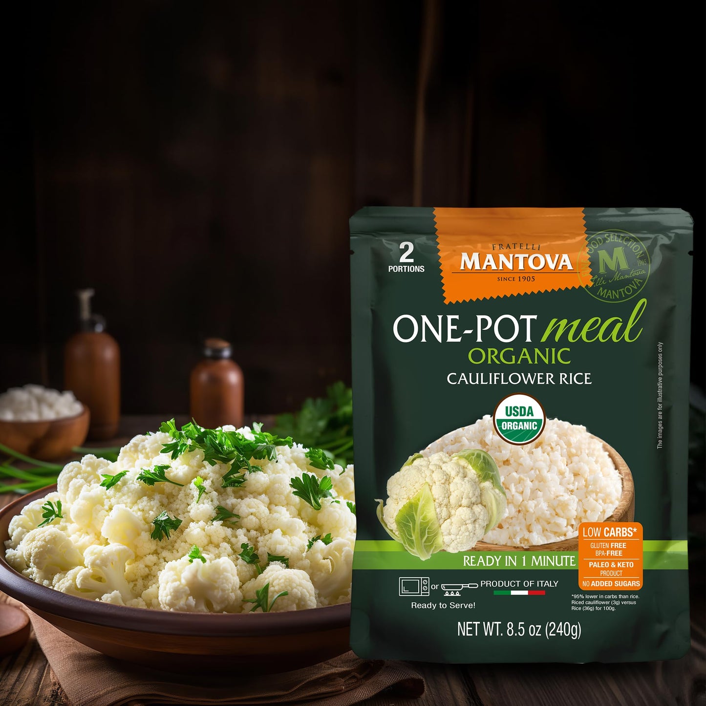 Mantova Organic Cauliflower Rice, 8.5 oz. (Pack of 6), Product of Italy, One-Pot Meal, Microwaveable, Ready-in-Minutes Cauliflower Rice, All-Natural, Healthy Rice Alternative, Ideal for Soups, Stews, Side Dishes, Salads, Rice Bowls, Breakfast Bowls...