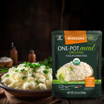 Mantova Organic Cauliflower Rice, 8.5 oz. (Pack of 6), Product of Italy, One-Pot Meal, Microwaveable, Ready-in-Minutes Cauliflower Rice, All-Natural, Healthy Rice Alternative, Ideal for Soups, Stews, Side Dishes, Salads, Rice Bowls, Breakfast Bowls...