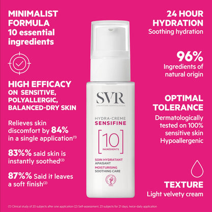 SVR Sensifine Hydra Face Cream. Moisturizing Soothing Care For Normal To Dry Dehydrated Skin. Fragrance Free Moisturizer With 96% Ingredients Of Natural Origin. 24hr Comfort And Hydration, 1.3 Fl.oz.