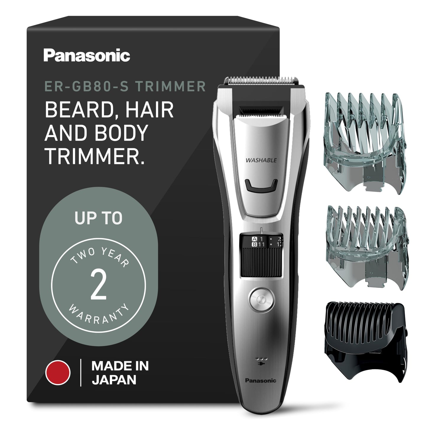 Panasonic Multi-Groomer Electric Beard Trimmer for Men, Men’s Trimmer for Beard, Hair and Body, 39 Trim Length Settings with 3 Attachments, Corded/Cordless Operation – ER-GB80-S (Silver)