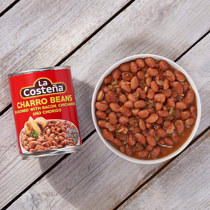 La Costeña Charro Beans - Ready-to-Eat Canned Pinto Beans with Chorizo, Bacon & Chicharrones - Mexican Food, Tex Mex, Chili Ingredients, Bean Dip, Bean Burger & Burrito - 19.75oz, 12 Pack Canned Food